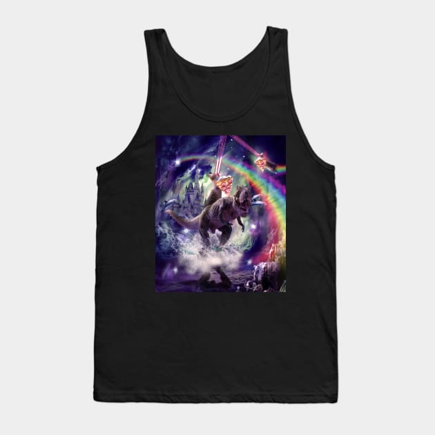 Rainbow Laser Space Cat On Dinosaur Eating Pizza Tank Top by Random Galaxy